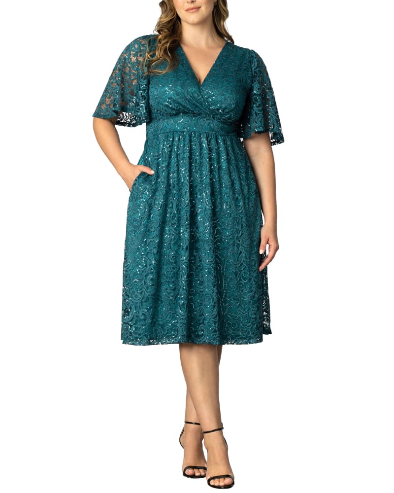 Front of a model wearing a size 0X Starry Sequined Lace Cocktail Dress in TEAL TOPAZ by Kiyonna. | dia_product_style_image_id:316320